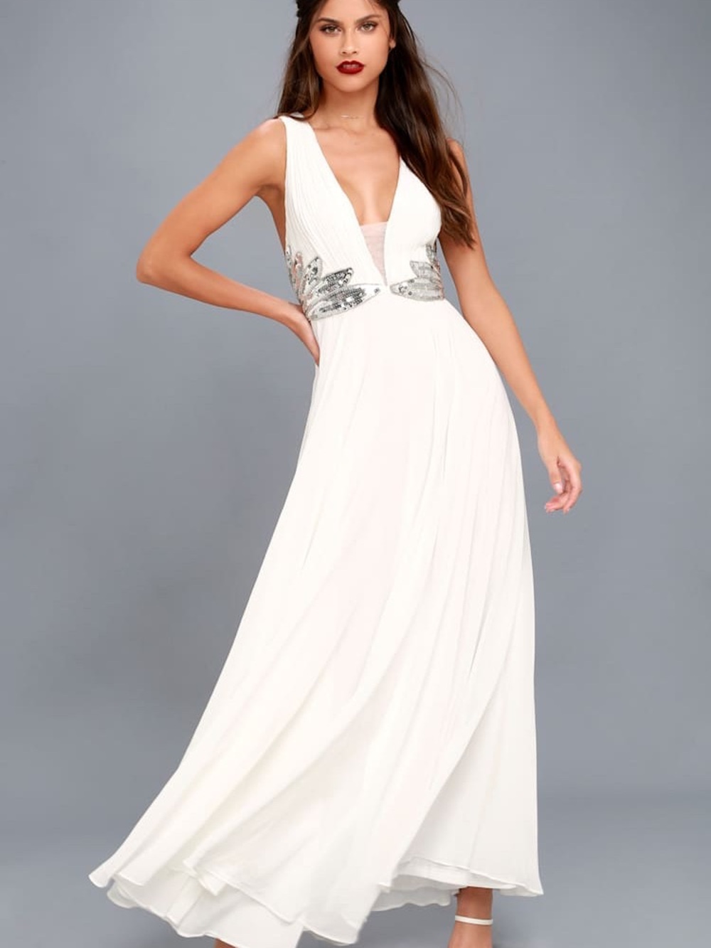 Lulu's White Maxi Dress with Silver Sequin Waist